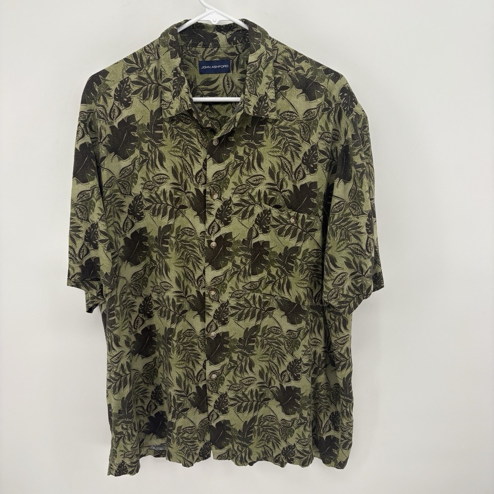 John Ashford Rayon Button Up Shirt Mens XL Green Tropical Leaf Hawaiian Camp